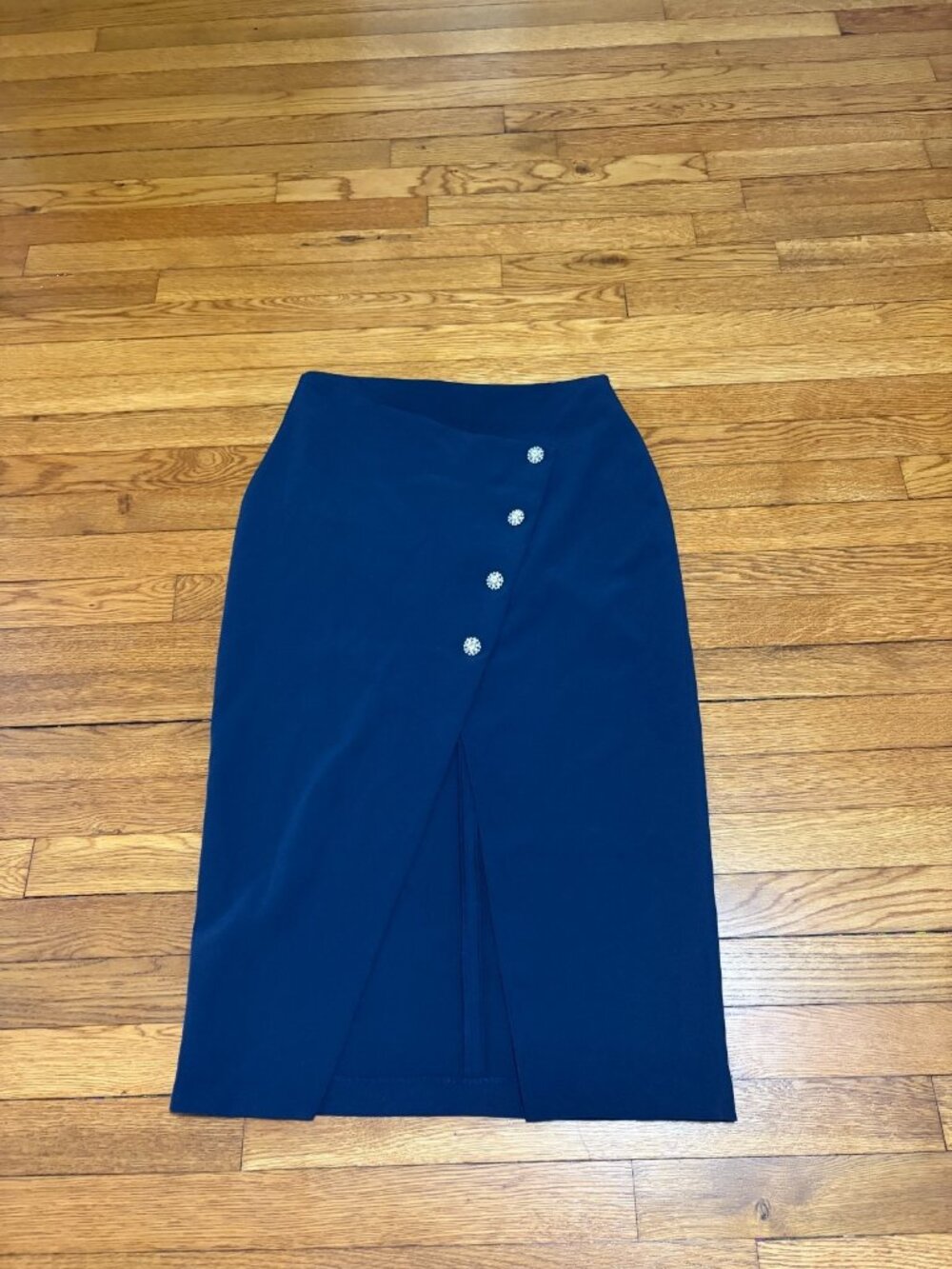 Zara Womens Midi Skirt Size Medium Navy Blue Front Slit Jeweled Button NWT $50